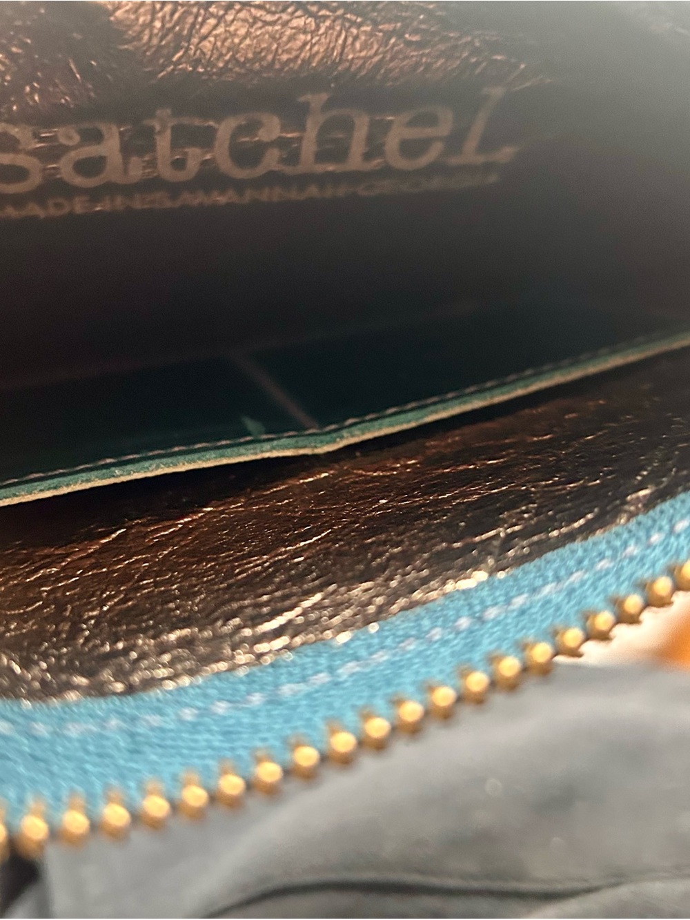 Teal Leather Wristlet Satchel with Gold Zip - Picture 4 of 5